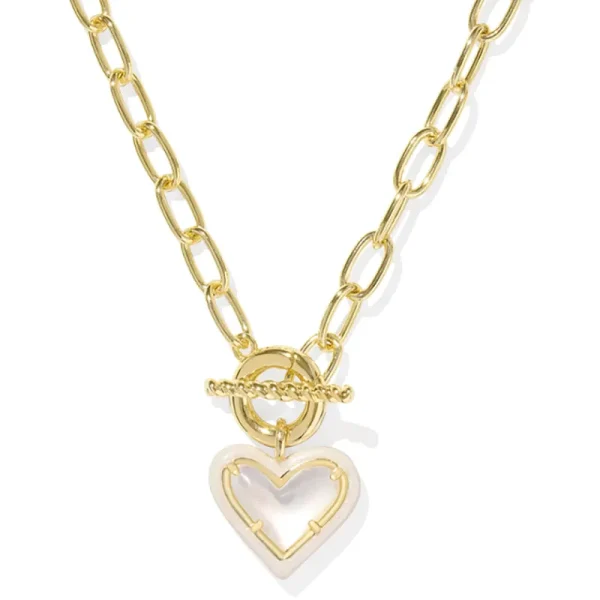 Discount Kendra Scott Ari Heart Gold Enamel Frame Link and Chain Necklace in Ivory Mother of Pearl