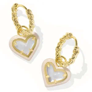 Outlet Kendra Scott Ari Heart Gold Enamel Frame Huggie Earrings in Ivory Mother of Pearl