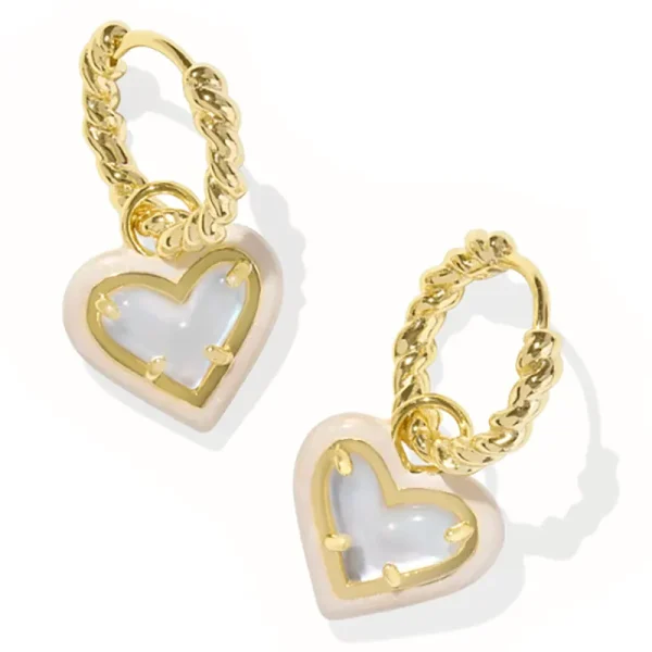 Outlet Kendra Scott Ari Heart Gold Enamel Frame Huggie Earrings in Ivory Mother of Pearl