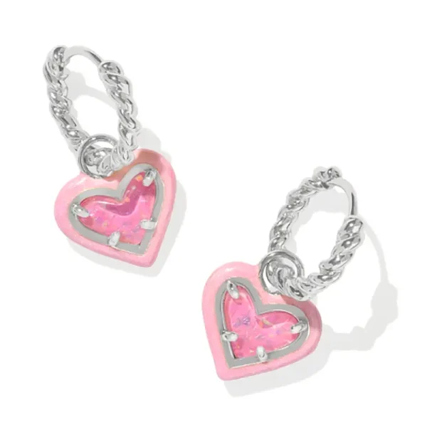 Best Kendra Scott Ari Heart Silver Enamel Frame Huggie Earrings in Pink Iridescent Glitter Glass