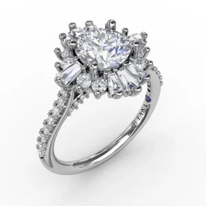 Best Fana Bold Mixed Shape Diamond Halo Ballerina Style Engagement Ring With Diamond Band