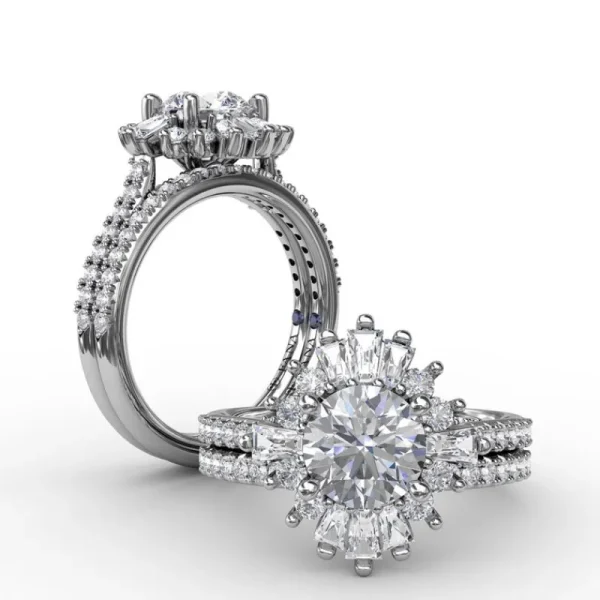 Best Fana Bold Mixed Shape Diamond Halo Ballerina Style Engagement Ring With Diamond Band