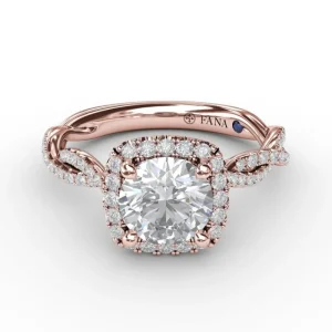 Clearance Fana Classic Cushion Diamond Halo Engagement Ring With Cathedral Twist Diamond Band