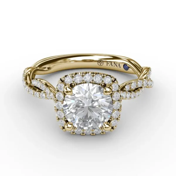 Clearance Fana Classic Cushion Diamond Halo Engagement Ring With Cathedral Twist Diamond Band