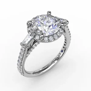 Best Fana Classic Round Diamond Halo Engagement Ring With Tapered Baguettes