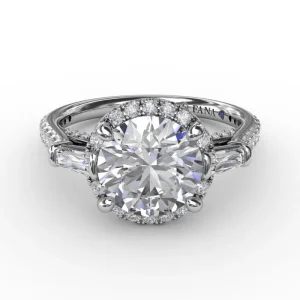 Best Fana Classic Round Diamond Halo Engagement Ring With Tapered Baguettes