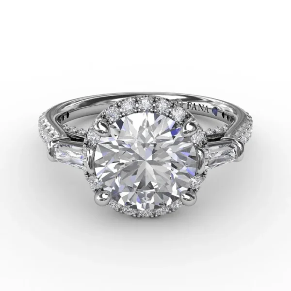 Best Fana Classic Round Diamond Halo Engagement Ring With Tapered Baguettes