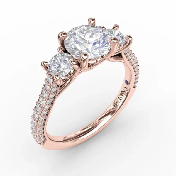 Fashion Fana Classic Three-Stone Round Diamond Engagement Ring With Pavé Band