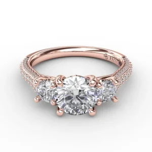 Fashion Fana Classic Three-Stone Round Diamond Engagement Ring With Pavé Band