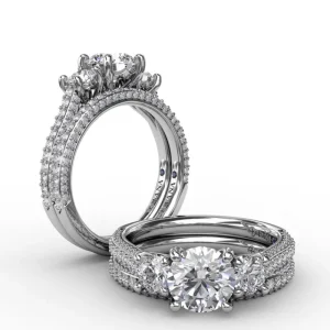 Fashion Fana Classic Three-Stone Round Diamond Engagement Ring With Pavé Band