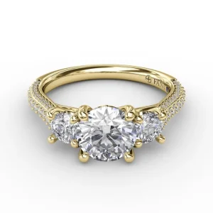 Fashion Fana Classic Three-Stone Round Diamond Engagement Ring With Pavé Band