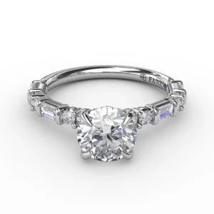 Clearance Fana Contemporary Diamond Solitaire Engagement Ring With Baguettes and Round Diamond Accents