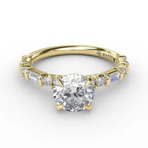 Clearance Fana Contemporary Diamond Solitaire Engagement Ring With Baguettes and Round Diamond Accents