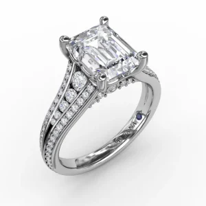 Online Fana Contemporary Emerald Cut Diamond Solitaire Engagement Ring With Triple-Row Diamond Band