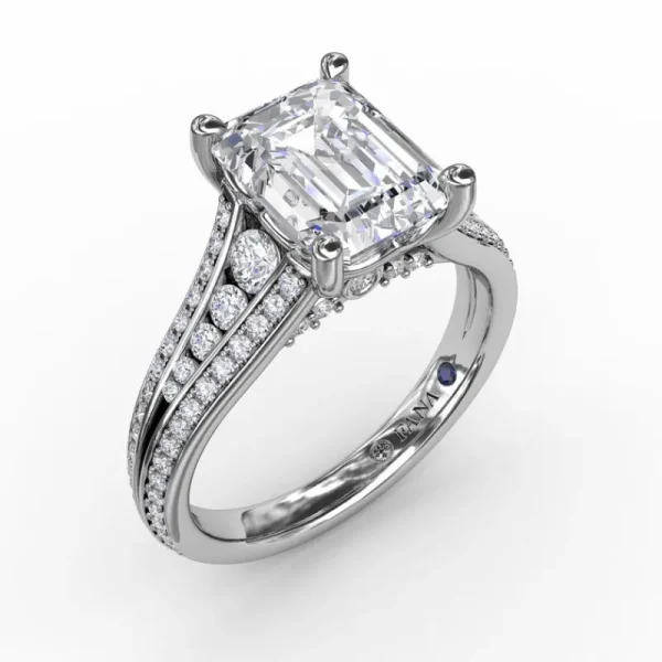 Online Fana Contemporary Emerald Cut Diamond Solitaire Engagement Ring With Triple-Row Diamond Band