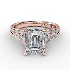 Online Fana Contemporary Emerald Cut Diamond Solitaire Engagement Ring With Triple-Row Diamond Band