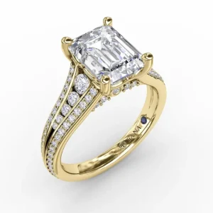 Online Fana Contemporary Emerald Cut Diamond Solitaire Engagement Ring With Triple-Row Diamond Band