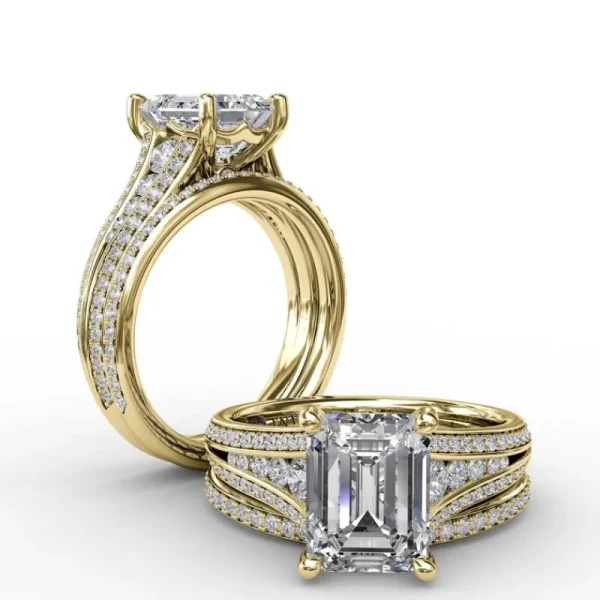 Online Fana Contemporary Emerald Cut Diamond Solitaire Engagement Ring With Triple-Row Diamond Band