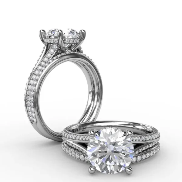 Fashion Fana Contemporary Solitaire Diamond Engagement Ring With Split-Shank Diamond Band