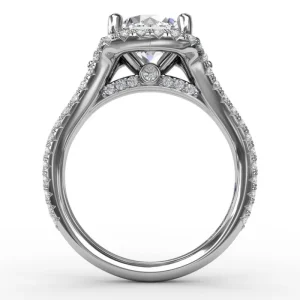 Online Fana Cushion Halo Engagement Ring With Side Stones and Double-Row Diamond Band