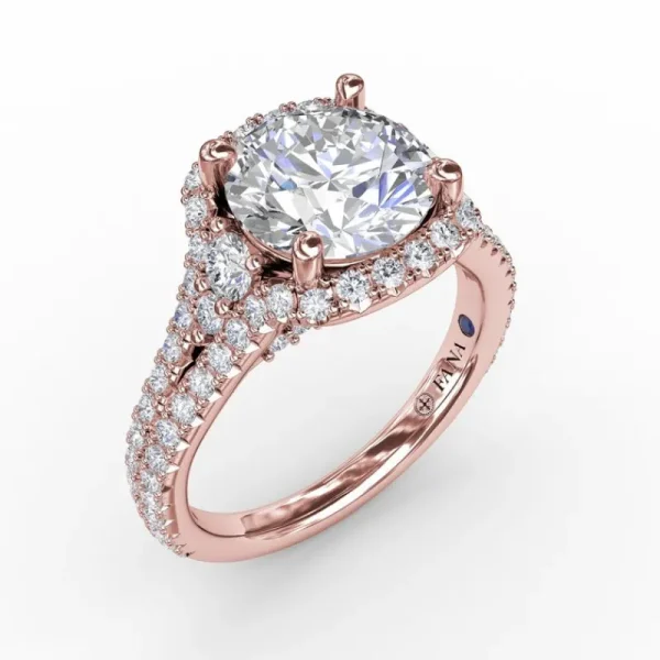 Online Fana Cushion Halo Engagement Ring With Side Stones and Double-Row Diamond Band