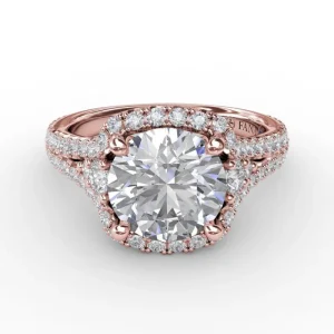 Online Fana Cushion Halo Engagement Ring With Side Stones and Double-Row Diamond Band