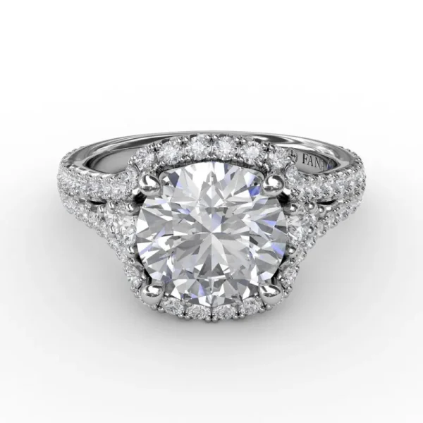 Online Fana Cushion Halo Engagement Ring With Side Stones and Double-Row Diamond Band