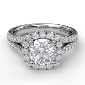 Outlet Fana Cushion Halo Engagement Ring with a Diamond Encrusted Split Band