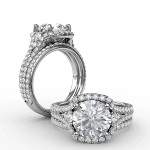 Online Fana Cushion Halo Engagement Ring With Side Stones and Double-Row Diamond Band