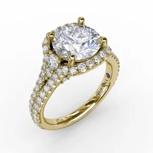 Online Fana Cushion Halo Engagement Ring With Side Stones and Double-Row Diamond Band