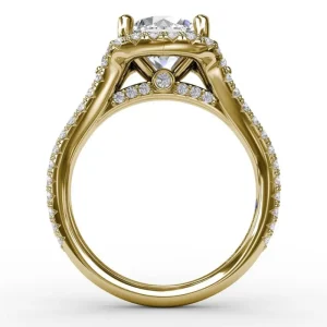 Online Fana Cushion Halo Engagement Ring With Side Stones and Double-Row Diamond Band