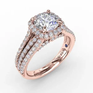 Best Fana Cushion-Shaped Diamond Halo Engagement Ring With Triple-Row Diamond Band