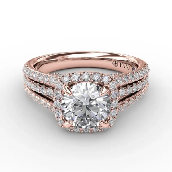 Best Fana Cushion-Shaped Diamond Halo Engagement Ring With Triple-Row Diamond Band