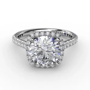 Clearance Fana Cushion-Shaped Halo Diamond Engagement Ring with Diamond Band