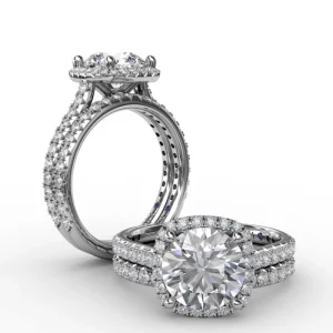 Clearance Fana Cushion-Shaped Halo Diamond Engagement Ring with Diamond Band