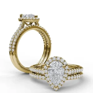 Fashion Fana Delicate Pear Shaped Halo And Pave Band Engagement Ring