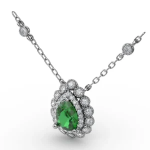 Fashion Fana Floral Teardrop Emerald and Diamond Pendant