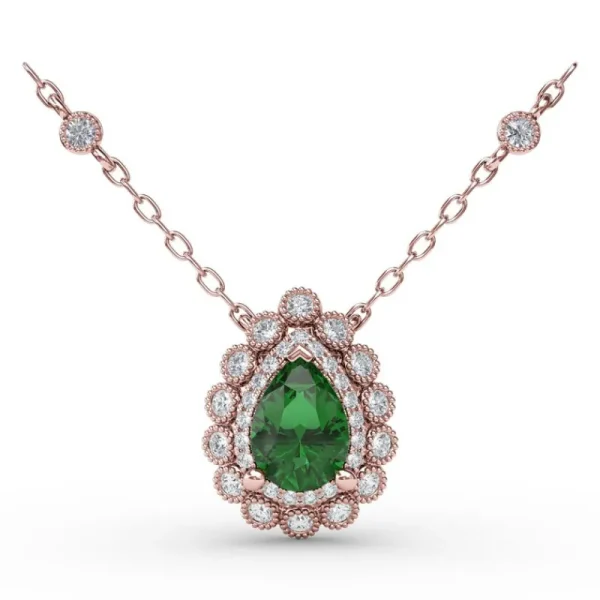 Fashion Fana Floral Teardrop Emerald and Diamond Pendant