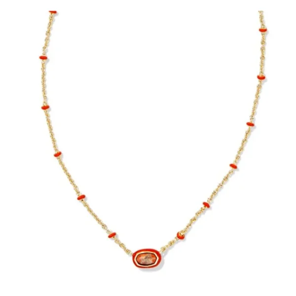 New Kendra Scott Mini Elisa Gold Enamel Frame Short Pendant Necklace in Variegated Orange Magnesite