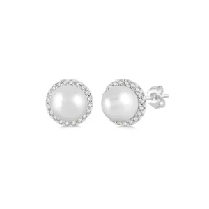 Fashion Kelley Collection Petite Diamond Halo Pearl Stud Earrrings