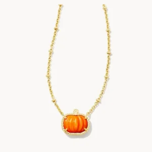 New Kendra Scott Pumpkin Gold Short Pendant Necklace in Orange Mother-of-Pearl