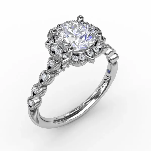 New Fana Round Diamond Engagement With Floral Halo and Milgrain Details