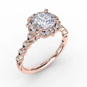 New Fana Round Diamond Engagement With Floral Halo and Milgrain Details