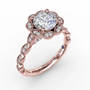 Clearance Fana Round Diamond Engagement Ring With Floral Halo and Milgrain Details