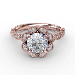 Clearance Fana Round Diamond Engagement Ring With Floral Halo and Milgrain Details