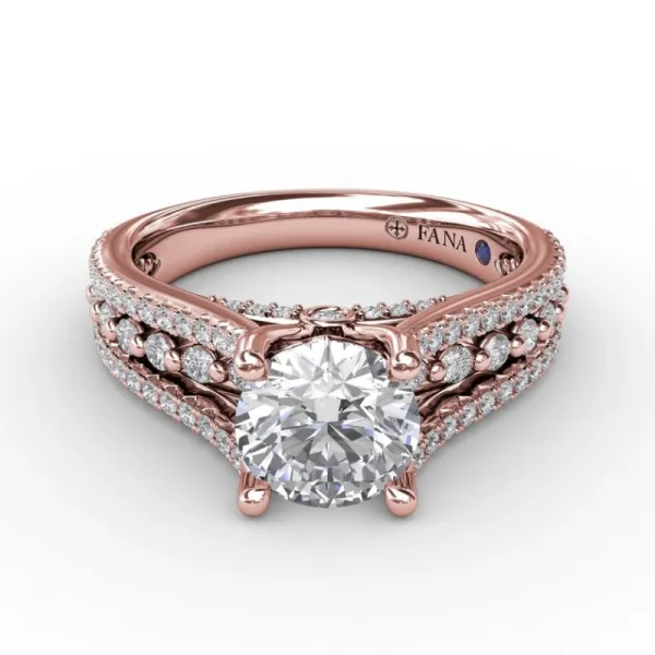 Best Fana Round Diamond Engagement Ring With Triple-Row Diamond Band