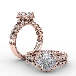 New Fana Round Diamond Engagement With Floral Halo and Milgrain Details