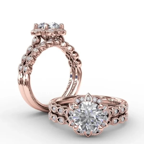 New Fana Round Diamond Engagement With Floral Halo and Milgrain Details