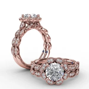 Clearance Fana Round Diamond Engagement Ring With Floral Halo and Milgrain Details