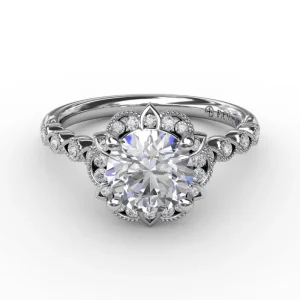 New Fana Round Diamond Engagement With Floral Halo and Milgrain Details